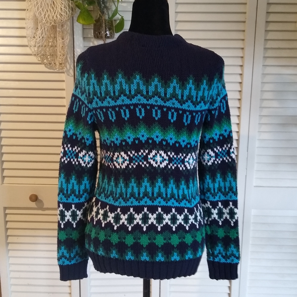 Talbots Petite Knit Sweater Navy Blue Green Patterned Cotton Blend Pullover. - Picture 3 of 7